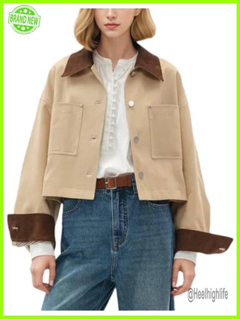 Womens Cropped Barn Jacket Contrast Corduroy Collar Long Sleeve Button Utility